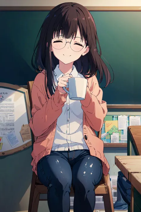 (masterpiece:1.4), (best quality:1.4), (high resolution:1.4), (masterpiece, best quality, high resolution:1.4),
1girl, toba-sensei, closed eyes, glasses, red cardigan, denim jeans, long hair, smile, classroom, coffee mug, sitting <lora:toba-sensei_v1:1>