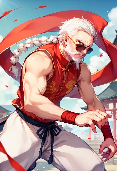 score_9, score_8_up, score_7_up, score_6_up, score_5_up, score_4_up, source_anime, 1man, solo, fighting stance, slender, muscle, very old, old man, long v-shaped eyebrows, (((long beard))), slender, roshi forehead, braid, white hair, sunglasses, chinese clothes, bare shoulders, bare arms, kun fu, martial artist, stomp, outdoors, chinese town <lora:ke-ta_pony_v4:1>