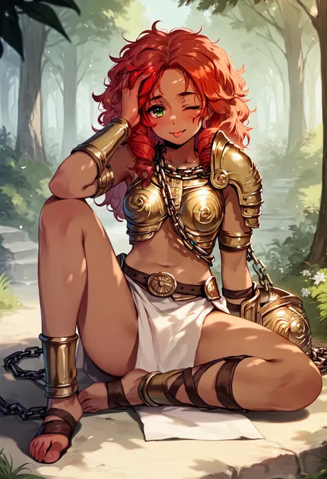 score_9, score_8_up, score_7_up, score_6_up, score_5_up, score_4_up,  girl, solo,  red hair, messy hair, curly hair, green eyes, dark skin blushing, tongue out, looking at the viewer, sitting on the ground, hand on the head, lion pelt, one eye closed, spread legs, blushing, toga, gladiator, loincloth, ancient greece, partial armor,  golden armor, curly arm wrists, chains, outdoors, forest, full body  cowboy shot  <lora:ke-ta_pony_v4:1>