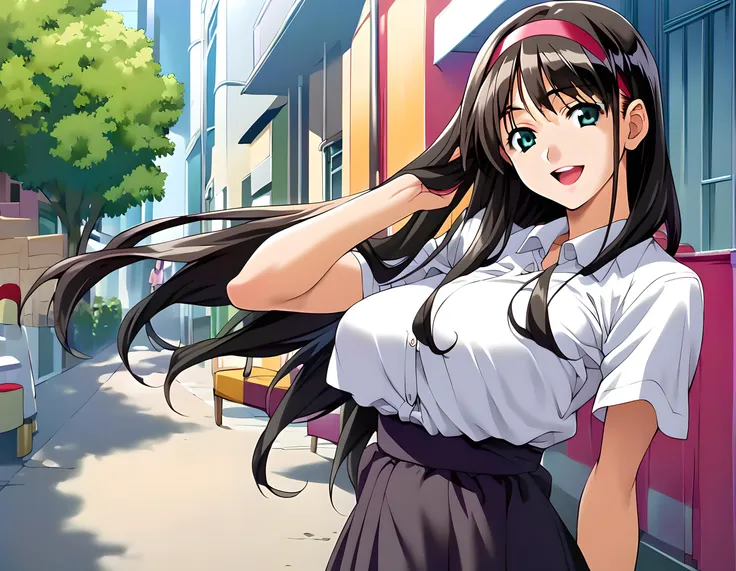 <lora:pony_xl_yuuri:0.8>,yuuri,score_9,score_8_up,score_7_up,source_anime,1girl,black hair,hairband,looking_at_viewer,cowboy_shot,looking_back,smile,laugh fun,city,dress_shirt,skirt_set,