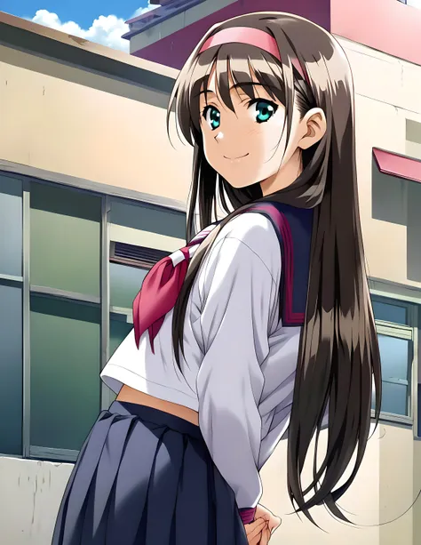 <lora:pony_xl_yuuri:0.8>,yuuri,score_9,score_8_up,score_7_up,source_anime,1girl,solo,looking_at_viewer,gentle girl,hairband,smile,:d,school uniform,serafuku,long sleeves,white socks,outdoors,sky,day,school,standing,arms_behind_back,looking_back,