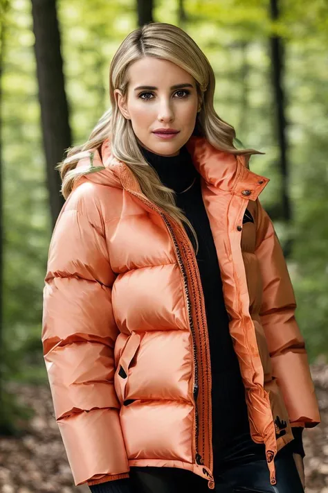 emmrob,  portrait photo, looking at camera, closeup,  (oversized puffer jacket:1.3), (outdoors:1.1), nature,  8k uhd, dslr, high quality, film grain,     <lyco:EmmaRobertsDogu:1>