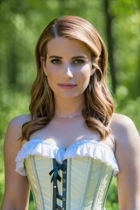 emmrob, portrait photo, looking at camera, closeup, (corset:1.3), (outdoors:1.1), nature, 8k uhd, dslr, high quality, film grain, <lyco:EmmaRobertsDogu:1>