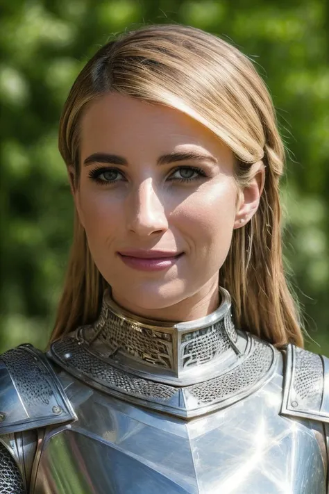 emmrob, portrait photo, looking at camera, closeup, smiling (shiny medieval armor:1.3), (outdoors:1.1), nature, 8k uhd, dslr, high quality, film grain, <lyco:EmmaRobertsDogu:1>
