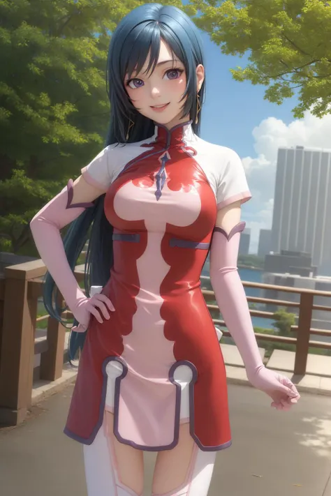 (masterpiece, best quality:1.2), <lyco:zoidsgenesis_kotonaelegance-09:1.0>, cowboy shot, solo, 1girl, kotona elegance, smile, looking at viewer, hand on hip, blue hair, dress, thighhighs, elbow gloves, jewelry, earrings
