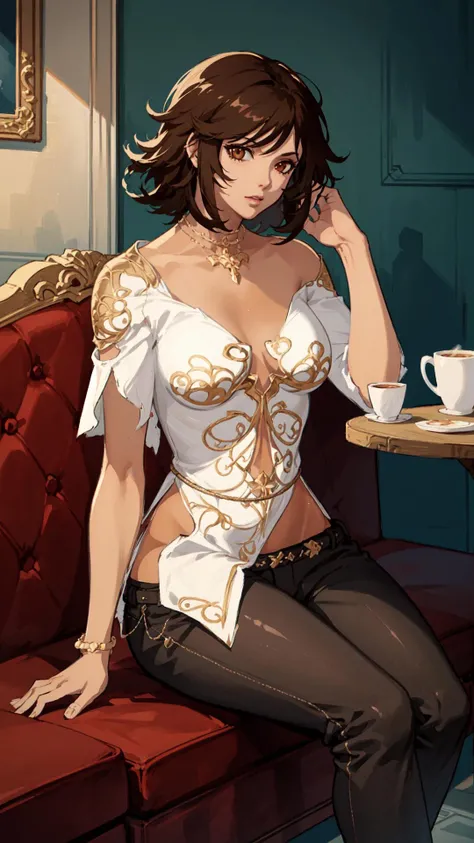 elika, full body, a woman in a white dress, black pants, (((sitting in a caf))), ((tanned skin)), dark red short hair, (((hazel eyes))), barefoot, <lora:elika:0.7>, 8k, Unreal Engine 5, octane render, by seunghee lee, Jang Tae-Hwan, Chocofing R, seungho lee, smooth soft skin, big dreamy eyes, beautiful intricate colored hair, anime wide eyes, soft lighting, concept art, digital painting, detailed face, desert background