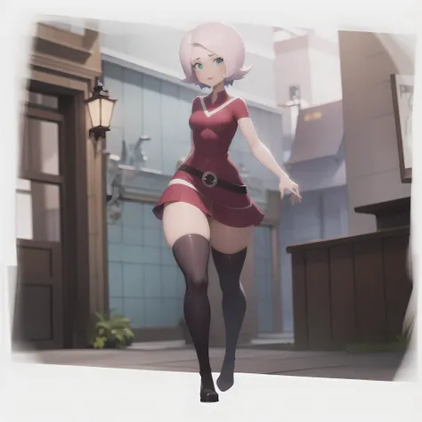 ((masterpiece, best quality)),(complex light),solo, full body, 1girl,willow, light pink hair ,short hair,  <lora:MagicWillow2-10:0.6>, simple background, blue eyes, dress, thighhighs boots, purple belt, lipstick,standing,