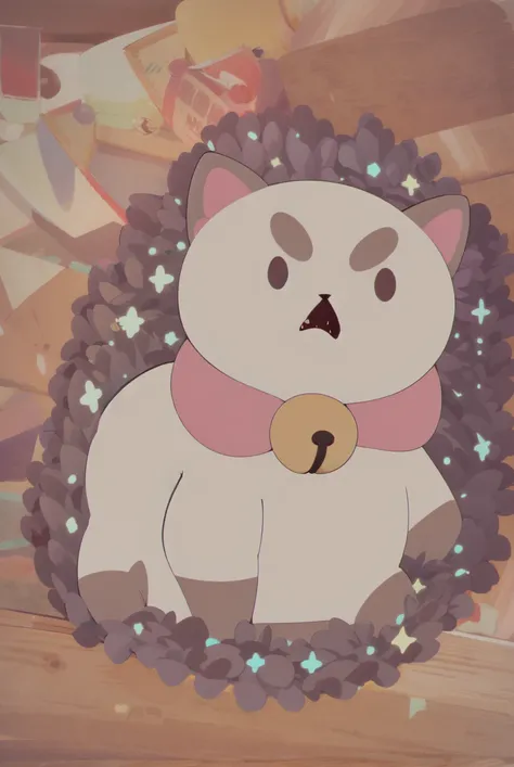 Puppycat,masterpiece, cat, no humans, solo, animal focus, bell, fangs, neck bell, open mouth, paws up, kneeling ,yelling, flat colors, jingle bell, collar, chibi <lora:Puppycat-10:1>