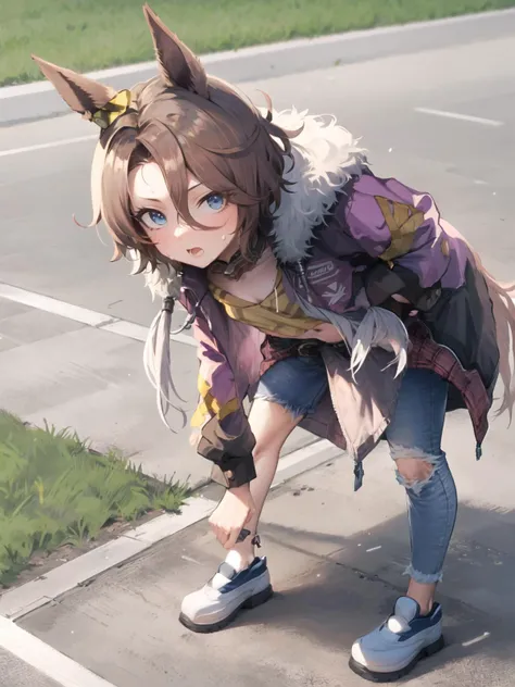 high detail, (stand;1.1), turf, bend down, hands on waist, sweat, out of breath, race stadium, full body,
<lora:narita_taishin_lora:0.9>narita taishin \(umamusume\), torn jeans, (asymmetrical clothes:1.1), belt, fur-trimmed jacket, jacket around waist, clothes around waist, midriff, long sleeves, tied shirt, open clothes, yellow shirt, mismatched footwear, asymmetrical footwear