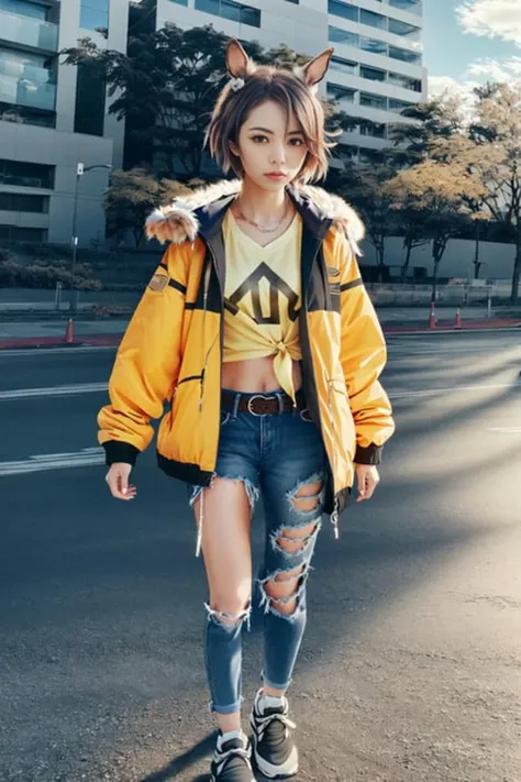 (photorealistic), (cinematic still shot), (cinematic photography), (HDR), masterpiece, extremely detailed, best quality, original, dynamic posture, dynamic angle


narita taishin \(umamusume\), closed mouth, serious, torn jeans, (asymmetrical clothes:1.2), belt, fur-trimmed jacket, jacket around waist, clothes around waist, midriff, long sleeves, tied shirt, open clothes, yellow shirt, mismatched footwear, asymmetrical footwear

 <lora:naritaTaishin_v10:0.8>