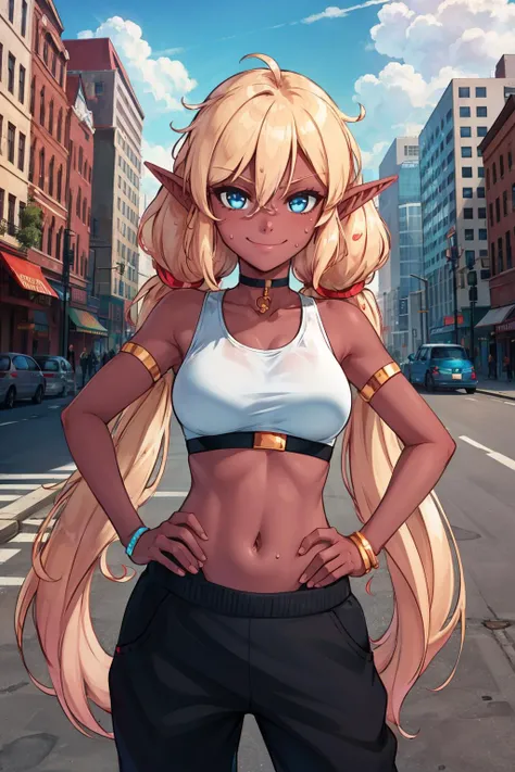 masterpiece, best quality, evangeline, twintails, choker, black crop top, sweatpants, looking at viewer, city street, smile, closed mouth, hands to hips <lora:evangeline-nvwls-v1-000010:0.9>