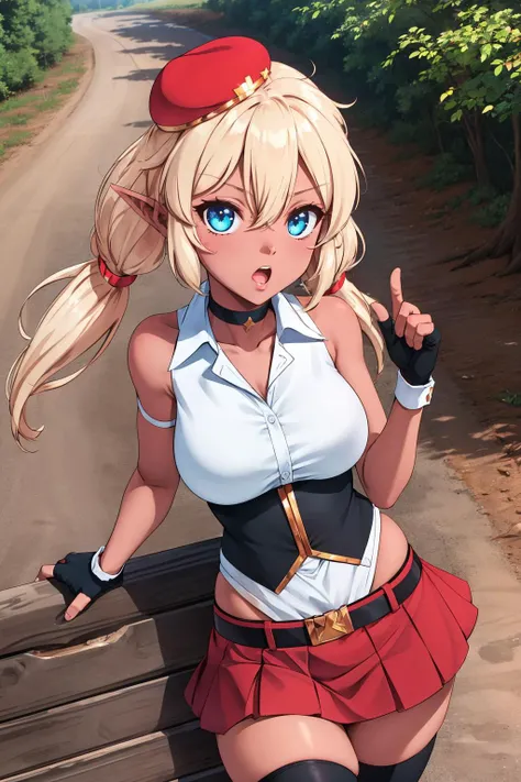 masterpiece, best quality, evangeline, twintails, beret, choker, white shirt, fingerless gloves, belt, red skirt, black thighhighs, cowboy shot, from side, large breasts, looking at viewer, surprised, shocked, forest, dirt road, from above <lora:evangeline-nvwls-v1-000010:0.9>