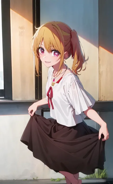 1girl, solo, dress, barefoot, skirt hold, smile, jewelry, simple background, full body, black dress, ribbon, hair ribbon, looking at viewer, short sleeves, red ribbon, shirt, white shirt, orange background, necklace, standing, <lora:rubylocon2:1>