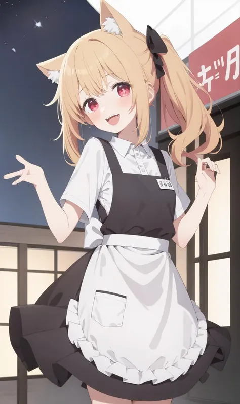 1girl, solo, smile, open mouth, blush, looking at viewer, sky, night, close-up, apron, portrait, stage lights, cinematic light, side ponytail, <lora:rubylocon_v1:0.8:Loha_chara> <lora:urotsukiloha-000020:0.5>