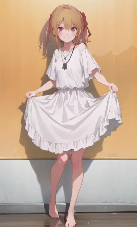 1girl, solo, dress, barefoot, skirt hold, smile, jewelry, simple background, full body, black dress, ribbon, hair ribbon, looking at viewer, short sleeves, red ribbon, shirt, white shirt, orange background, necklace, standing,  <lyco:hoshinoRubyOshiNoKo_v10:1.0>