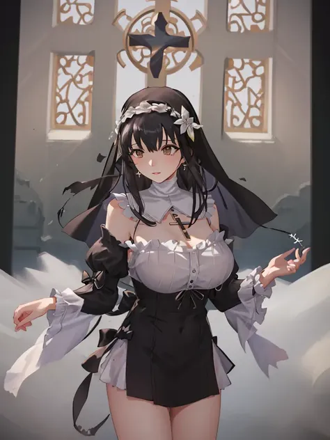 (1girl), (8k, best quality, masterpiece:1),highly detailed,ultra-detailed,masterclass,best quality,illustration,hair_between_eyes,perfect lighting,big breasts, (cowboy shot) ,black nun clothes,nun,lace trim,hair flower,long black hair,bow,white flower hair ornament ,nun,brown eyes, braid, <lora:Sinisistar2-000007:0.8>sinisistarblack,cross necklace