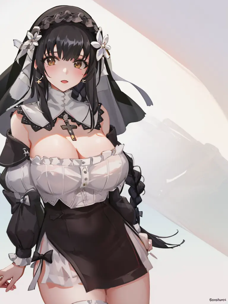 (1girl), (8k, best quality, masterpiece:1),highly detailed,ultra-detailed,masterclass,best quality,illustration,hair_between_eyes,perfect lighting,big breasts, (cowboy shot) ,white nun clothes,nun,lace trim,hair flower,long black hair,bow,white flower hair ornament ,nun,brown eyes, braid, <lora:Sinisistar2-000007:1>sinisistarwhite,cross necklace
