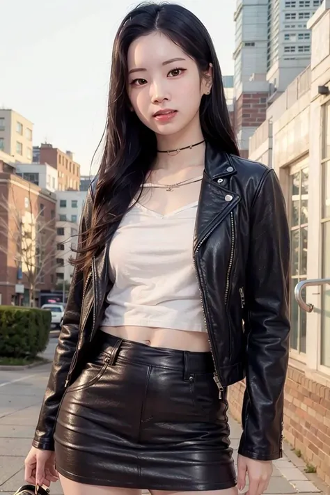 twicedahyun, night, on a streets, summer, RAW,(8k, best quality, masterpiece:1.2),(intricate details:1.4),(photorealistic:1.4),octane render, complex 3d render ultra detailed, studio soft light, rim light, vibrant details, ultra detailed, realistic skin texture, detailed face, beautiful detailed eyes, extremely detailed CG unity 8k wallpaper, makeup, (detailed background:1.2), (cowboy shot:1.2),(perfect anatomy:1.2),(wide hip:1.1),(black leather jacket, mini skirt, choker, bracelet:1.1), <lora:twicedahyun-v1b:1>