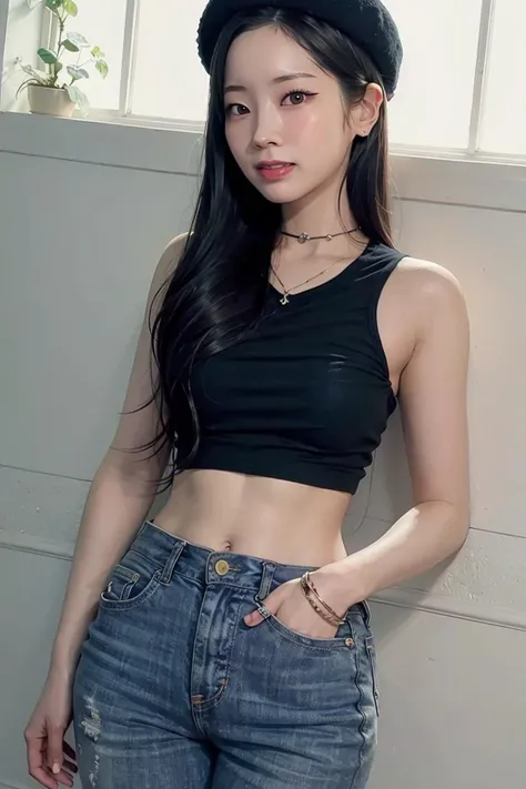 twicedahyun, urban, streets, (day:1.1), RAW,(8k, best quality, masterpiece:1.2),(intricate details:1.4),(photorealistic:1.4),octane render, complex 3d render ultra detailed, studio soft light, rim light, vibrant details, ultra detailed, realistic skin texture, detailed face, beautiful detailed eyes, extremely detailed CG unity 8k wallpaper, makeup, (detailed background:1.2), (cowboy shot:1.2),(perfect anatomy:1.2),(wide hip:1.1),(black t-shirt, pants, choker, beret:1.2), <lora:twicedahyun-v1b:1>