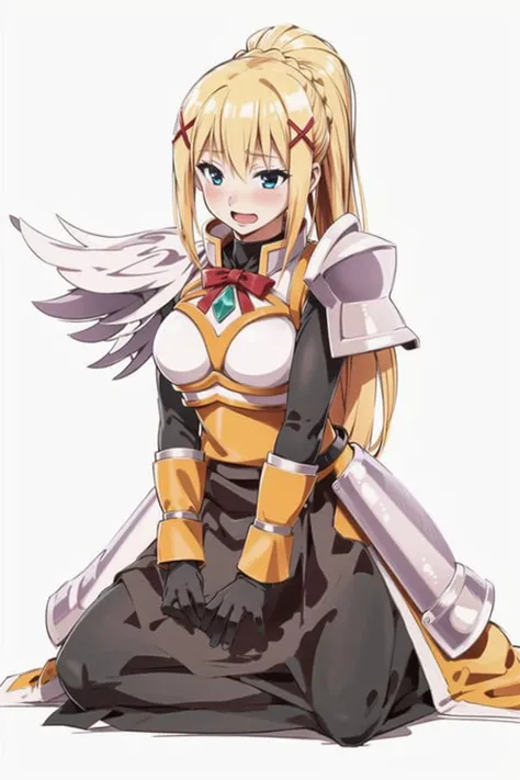 masterpiece, best quality, DarknessKonosuba, 1girl, solo, long hair, blush, open mouth, blue eyes, blonde hair, large breasts, simple background, white background, sitting, full body, ponytail, braid, black gloves, kneeling, x hair ornament, shoulder armor, seiza, pauldrons, armored dress, <lora:DarknessLora:0.75>
