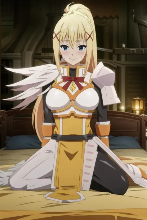 masterpiece, best quality, blurry, DarknessKonosuba, 1girl, solo, long hair, looking at viewer, smile, blush, blue eyes, blonde hair, large breasts, (lying:1.2), on bed, ponytail, sweat, x hair ornament, full body, shoulder armor, <lora:DarknessLora:0.85>