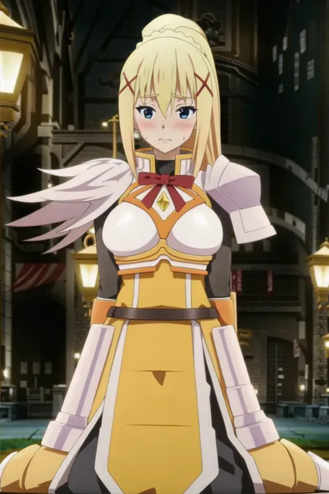 masterpiece, best quality, blurry, DarknessKonosuba, 1girl, solo, long hair, looking at viewer, blush, blue eyes, blonde hair, large breasts, sitting, on room, ponytail, sweat, arms behind back, x hair ornament, full body, shoulder armor, <lora:DarknessLora:0.95>