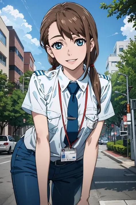 masterpiece, best quality, tennoujinae, twintails, white shirt, necktie, lanyard, blue pants, cowboy shot, looking at viewer, building, outdoors, trees, street, clouds, sky, smile, arms behind back, leaning forward <lora:tennoujinae-nvwls-v1-000009:0.9>