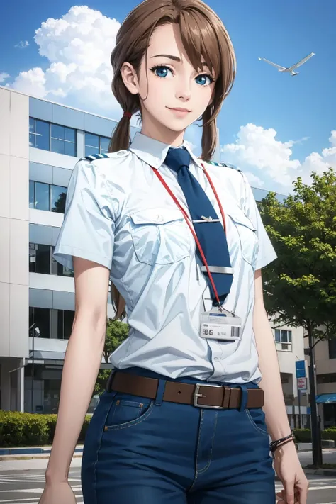 masterpiece, best quality, tennoujinae, twintails, white shirt, necktie, lanyard, blue pants, upper body, building, outdoors, looking at viewer, smile, street, sky, clouds <lora:tennoujinae-nvwls-v1-000009:0.9>
