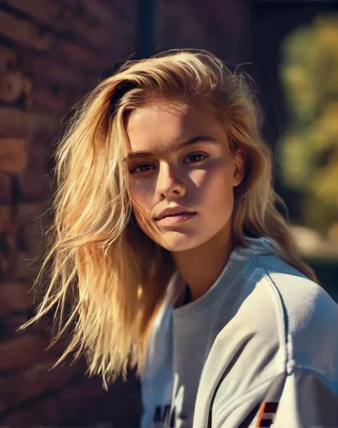 (low angle, headshot:1.2) fashion photo, Realistic 8K portrait: A young tomboy, blonde, short hair, green eyes, fashion clothing; dramatic lighting, cinematic colors; hyper-above<lora:NinaAgdal_xl_lora-000042:1> <lora:woman_bj_xl_lora:.5> <lora:pose_fashion_xl_lora:.5>, film, film grain, flare, old film, discolored film, magazine paper, 35mm photo, grainy, vignette, vintage, Kodachrome, Lomography, stained, f1.2 50m, hi detail, sharp focus, perfect lighting, awesome, dslr, 4k high quality. extra detail, extra sharp, magical, perfect moment, natural skin, pores