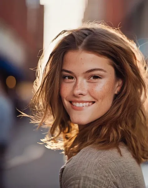 (low angle, headshot:1.2) A young Smiling Freckles brunette, fashion pose <lora:NinaAgdal_xl_lora-000042:1> <lora:woman_bj_xl_lora:.5> <lora:pose_fashion_xl_lora:.5>, film, film grain, flare, old film, discolored film, magazine paper, 35mm photo, grainy, vignette, vintage, Kodachrome, Lomography, stained, f1.2 50m, hi detail, sharp focus, perfect lighting, awesome, dslr, 4k high quality. extra detail, extra sharp, magical, perfect moment, natural skin, pores