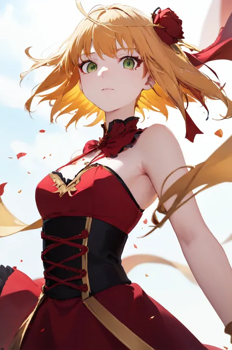 <lora:Destiny:0.65>, destiny, small breasts , medium hair, yellow hair,( green eyes:1.1), serene expression, standing, upper body, outdoors, red dress, (close-up:1.4), face, (high resolution illustration), anime girl, (high quality), 1girl, 4k, detailed background,<lora:OffsetNoise Anime:1.0>