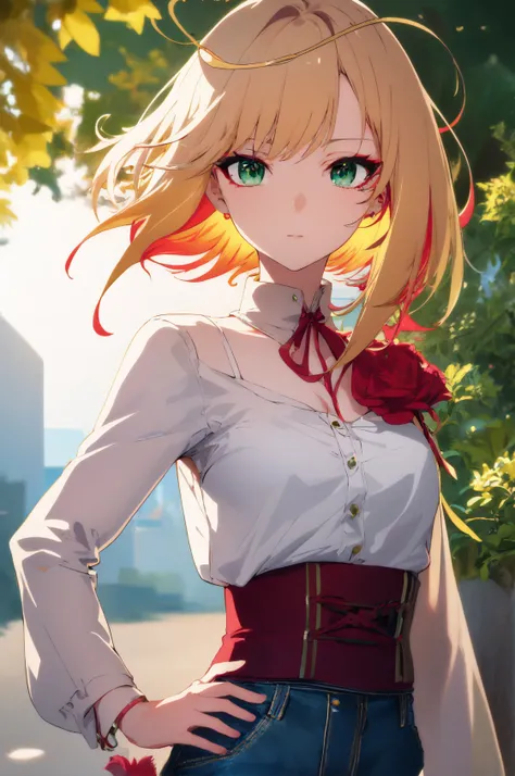 <lora:Destiny:0.9>, (destiny:1.1), small breasts , (medium hair:1.1), yellow hair,( green eyes:1.1), serene expression, standing, upper body, outdoors, (close-up:1.4), face, eyeliner, (white shirt:1.2), jeans, (high resolution illustration), anime girl, (high quality), 1girl, 4k, detailed background,<lora:OffsetNoise Anime:1.0>