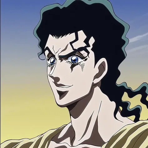 JoJo, JoJo style, JoJo's Bizarre adventure, Official art, anime, fake screenshot, pompadour, gakuran, Josuke Higashikata, black hair, smile, blue eyes, headshot, masterpiece, dramatic lighting, yellow sky, white clouds