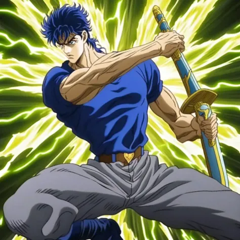 JoJo, JoJo style, JoJo's Bizarre adventure, Official art, anime, fake screenshot, detailed face, masterpiece, thin lines, dramatic lighting, Jonathan Joestar, Pectorals, blue clothing, short blue hair, serious expression, sword, holding weapon, pose, muscular, grey pants, boots, blue top, yellow lightning around body, aura