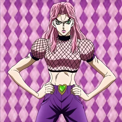 JoJo, JoJo style, JoJo's Bizarre adventure, Official art, anime, fake screenshot, argyle background, Diavolo, pink lipstick, pink hair, green eyes, fishnet top, pose, purple pants, looking at viewer, hands on hips, detailed face, masterpiece, thin lines