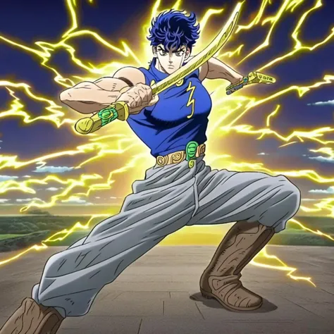 JoJo, JoJo style, JoJo's Bizarre adventure, Official art, anime, fake screenshot, detailed face, masterpiece, thin lines, dramatic lighting, Jonathan Joestar, Pectorals, blue clothing, short blue hair, serious expression, sword, holding weapon, pose, muscular, grey pants, boots, blue top, yellow lightning around body, aura