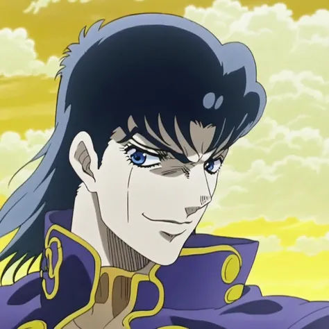 JoJo, JoJo style, JoJo's Bizarre adventure, Official art, anime, fake screenshot, pompadour, gakuran, Josuke Higashikata, black hair, smile, blue eyes, headshot, masterpiece, dramatic lighting, yellow sky, white clouds