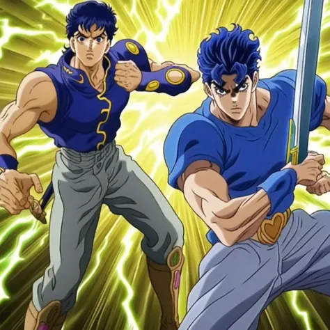 JoJo, JoJo style, JoJo's Bizarre adventure, Official art, anime, fake screenshot, detailed face, masterpiece, thin lines, dramatic lighting, Jonathan Joestar, Pectorals, blue clothing, short blue hair, serious expression, sword, holding weapon, pose, muscular, grey pants, boots, blue top, yellow lightning around body, aura