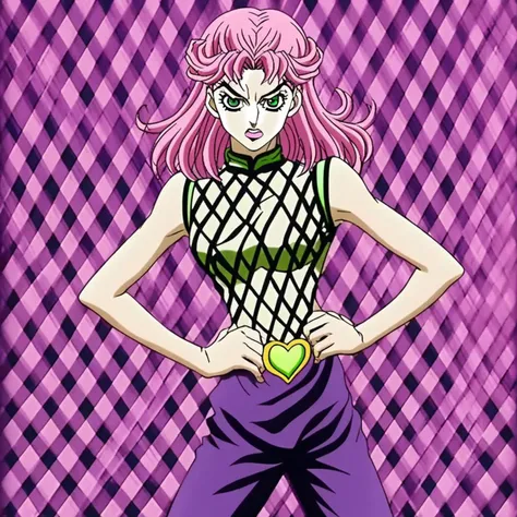 JoJo, JoJo style, JoJo's Bizarre adventure, Official art, anime, fake screenshot, argyle background, Diavolo, pink lipstick, pink hair, green eyes, fishnet top, pose, purple pants, looking at viewer, hands on hips, detailed face, masterpiece, thin lines