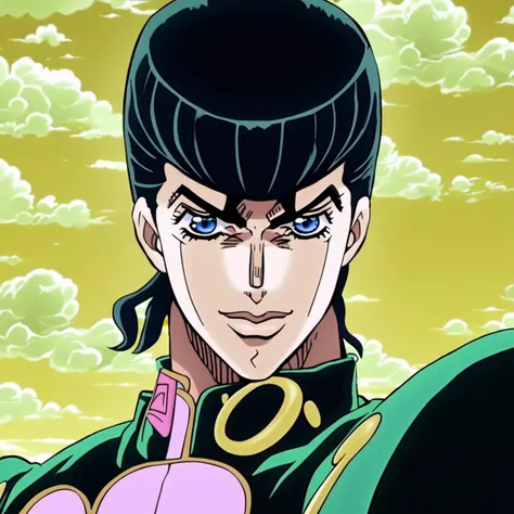 JoJo, JoJo style, JoJo's Bizarre adventure, Official art, anime, fake screenshot, pompadour, gakuran, Josuke Higashikata, black hair, smile, blue eyes, headshot, masterpiece, dramatic lighting, yellow sky, white clouds