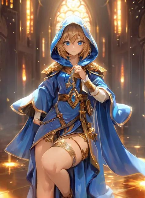 <lora:Saint XL:0.75> saint, wearing cleric robes and thighs, full body, (masterpiece), best quality, highres, 4k, 8k, cinematic lighting, amazing quality, amazing shading, soft lighting, Illustration, official artwork, anime style, wallpaper, official art, ultra detailed skin, ultra detailed face, perfect eyes, small skin imperfections, 35mm, analog style, a realistic photo, film grain, (photorealistic:0.6), taken by a canon eos r5, 1girl, Shag haircut, small saggy boobs, Stocky body, blue eyes, Caramel hair