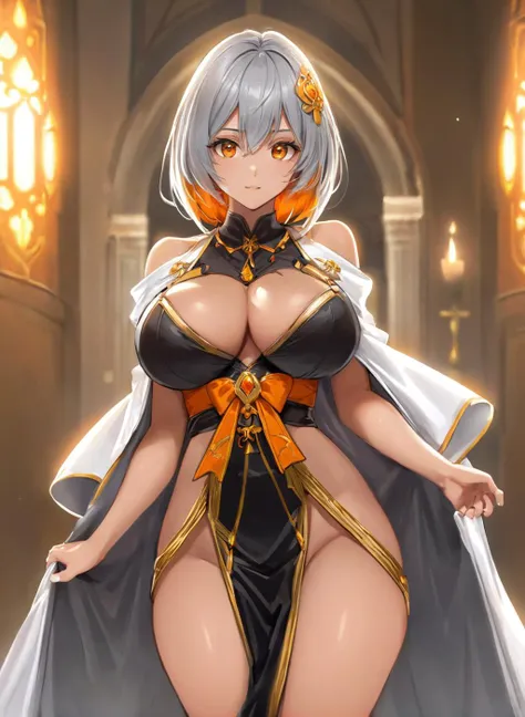 <lora:Saint XL:0.75> saint, wearing cleric robes and thights, full body, (masterpiece), best quality, highres, 4k, 8k, cinematic lighting, amazing quality, amazing shading, soft lighting, Illustration, official artwork, anime style, wallpaper, official art, ultra detailed skin, ultra detailed face, perfect eyes, small skin imperfections, 35mm, analog style, a realistic photo, film grain, (photorealistic:0.6), taken by a canon eos r5, 1girl, Layered haircut, large boobs, Compact body, orange eyes, Gray hair