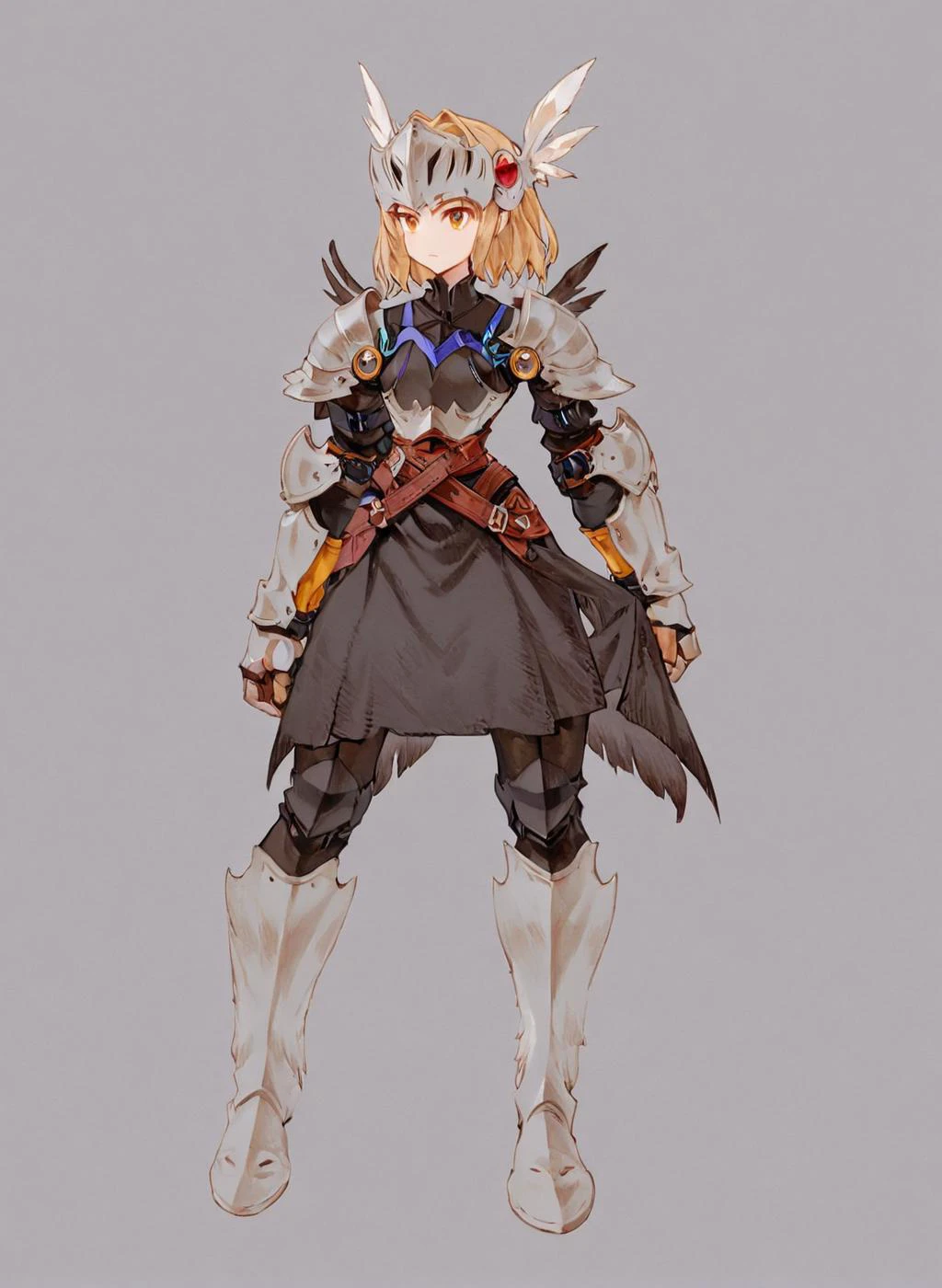 white bacground <lora:Valkiria_XL:0.8> Valkiria, feathered hair ornament, full body <lora:Final_Fantasy_Tactics_XLv2:1>, wearing plate armor and a skirt, (masterpiece), best quality, highres, 4k, 8k, cinematic lighting, amazing quality, amazing shading, soft lighting, Illustration, official artwork, anime style, wallpaper, official art, ultra detailed skin, ultra detailed face, perfect eyes, small skin imperfections