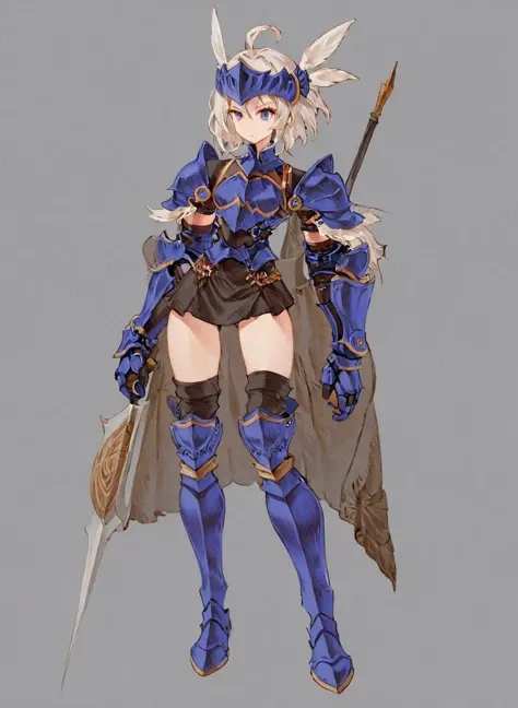 white bacground <lora:Valkiria_XL:0.8> Valkiria, feathered hair ornament, full body  <lora:Final_Fantasy_Tactics_XLv2:1>, wearing plate armor and a skirt, (masterpiece), best quality, highres, 4k, 8k, cinematic lighting, amazing quality, amazing shading, soft lighting, Illustration, official artwork, anime style, wallpaper, official art, ultra detailed skin, ultra detailed face, perfect eyes, small skin imperfections