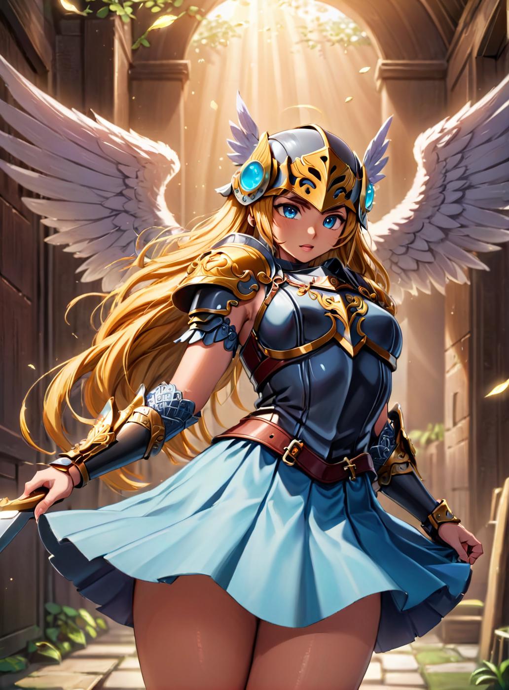 A woman in a blue dress with wings and a sword - SeaArt AI