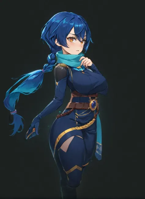 white background <lora:Ninja_XL:1> ninja, full body, wearing a scarf, classic costume, perfect eyes <lora:MadTale Style v2.0 XL:1> madtalestyle, (masterpiece), best quality, highres, 4k, 8k, cinematic lighting, amazing quality, amazing shading, soft lighting, Illustration, official artwork, anime style, wallpaper, official art, 1girl, Fishtail braid, saggy breasts, Broad-shouldered body, hazel eyes, Royal blue hair, ultra detailed skin, ultra detailed face, perfect eyes, small skin imperfections, chromatic aberration, colorful, bright colors,