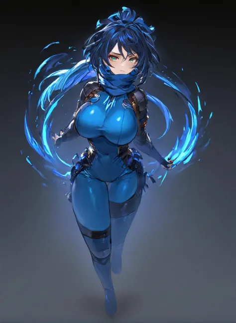4K,hight resolution,One Woman,Bright blue hair,Short ponytail,Yellow eyes,Colossal tits,samurais,light blue tight cyber suit,Japanese Katana Sword,futuristic castle,Night background
