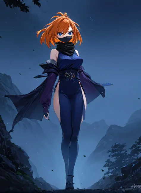 <lora:Ninja_XL:1.25> ninja, full body, wearing a scarf, masked, classic costume, sobi mask on head, (masterpiece), best quality, highres, 4k, 8k, cinematic lighting, amazing quality, amazing shading, soft lighting, Illustration, official artwork, anime style, wallpaper, official art, 1girl, Blunt haircut, saggy breasts, Long-limbed body, blue eyes, Sunset orange hair, mountain summit, ultra detailed skin, ultra detailed face, perfect eyes, small skin imperfections, gloomy colors, dark aura, horror