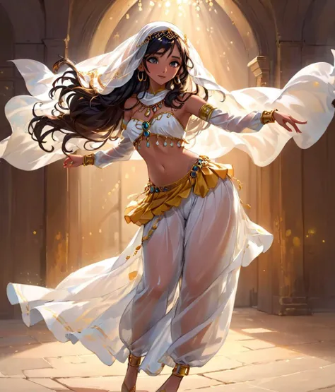 art by Simon Bisley, (masterpiece), best quality, highres, 4k, 8k, amazing quality, amazing shading, soft lighting, <lora:Dancer_XL:0.7> dancer, arabian dancer garments, veil on waist, normal ears, dancing, human