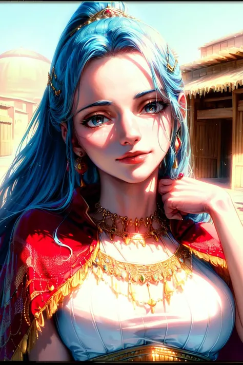 ultra realistic 8k cg, (ultra detailed background, delicate pattern, intricate detail, highly detailed, fine details), best quality, (photorealistic:1.4),beautiful lighting, absurdres, RAW photo, film grain, ((medium breasts, slim girl, close-up, portrait)), NefertariVivi, 1girl, long hair, blue hair, solo, jewelry, earrings, ((small breasts, slim girl, red cape, arabic dancer outfit, covered lower body)), dress, ponytail, hair ornament, navel, necklace, sky, blue eyes, midriff, (complex detailed background, outside, sunny, desert town environment, buildings, town, market, hair lift, hands behind back, smile, wide smile), <lora:BeautifulDetailedEyes:0.4>, <lora:DetailTweaker:0.5>, <lora:NefertariVivi:0.8>